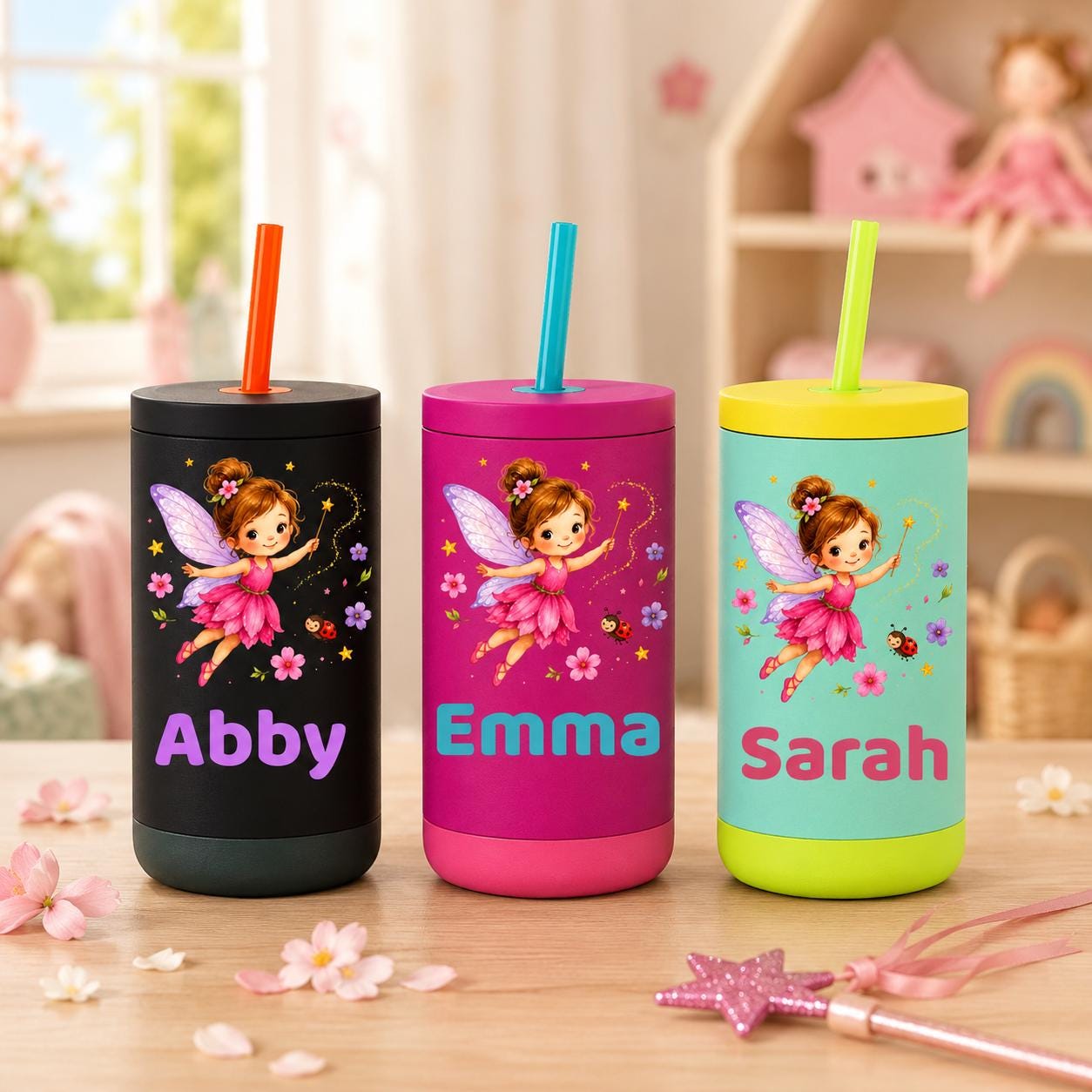 Fairy Water Bottle for Girls, Kids Tumbler with Name, Back to School Cup, Personalized Toddler Girl Gift, Kindergarten Cup