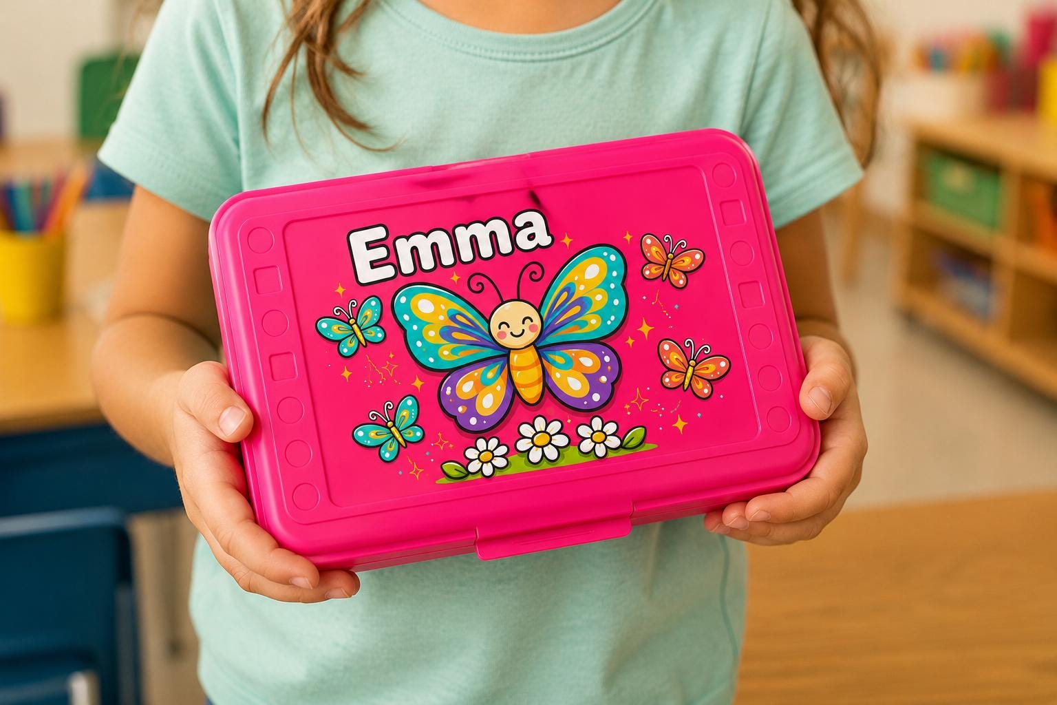 Personalized Butterfly Pencil Box,Custom Name School Supply Box for Kids,Kindergarten Boy Back to School Gift Butterfly Pencil Case, Art Box