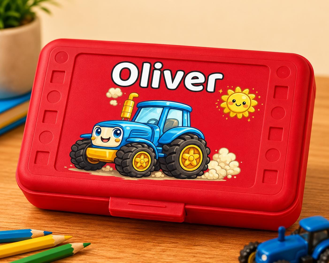 Red Tractor Pencil Box Personalized, Custom Name School Box for Boys, Farm Toddler Gift, Preschool Supply Case, Blue Tractor UV Printed