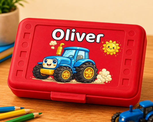 Red Tractor Pencil Box Personalized, Custom Name School Box for Boys, Farm Toddler Gift, Preschool Supply Case, Blue Tractor UV Printed