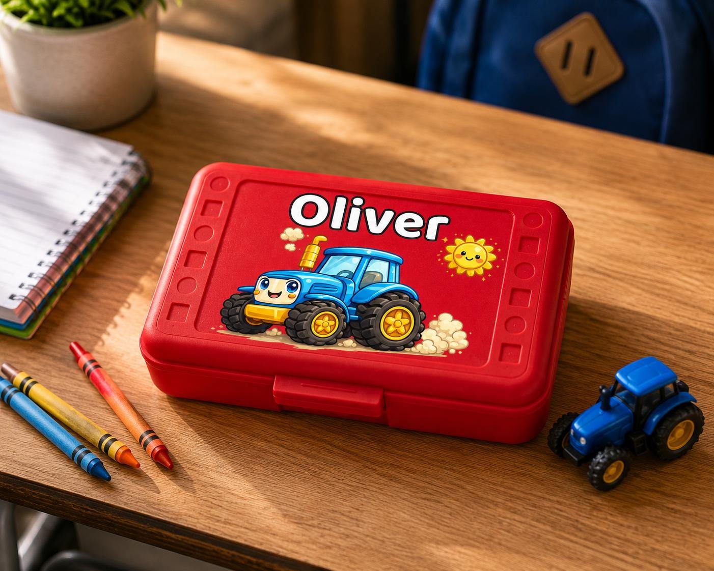 Red Tractor Pencil Box Personalized, Custom Name School Box for Boys, Farm Toddler Gift, Preschool Supply Case, Blue Tractor UV Printed