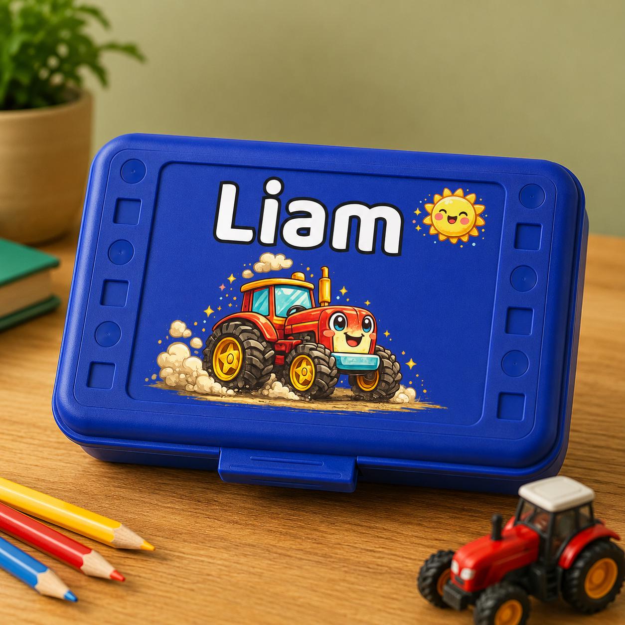 Blue Pencil Box with Tractor, Personalized Name School Supply Box, Elementary Boy Christmas Gift, Farm Kids Crayon Case, UV Printed Design