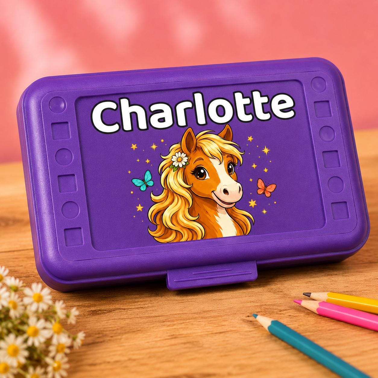 Personalized Horse Pencil Box, Custom Name Purple School Box for Girls, Pony Back to School Gift, Horse Lover Kids Gift, UV Printed Design