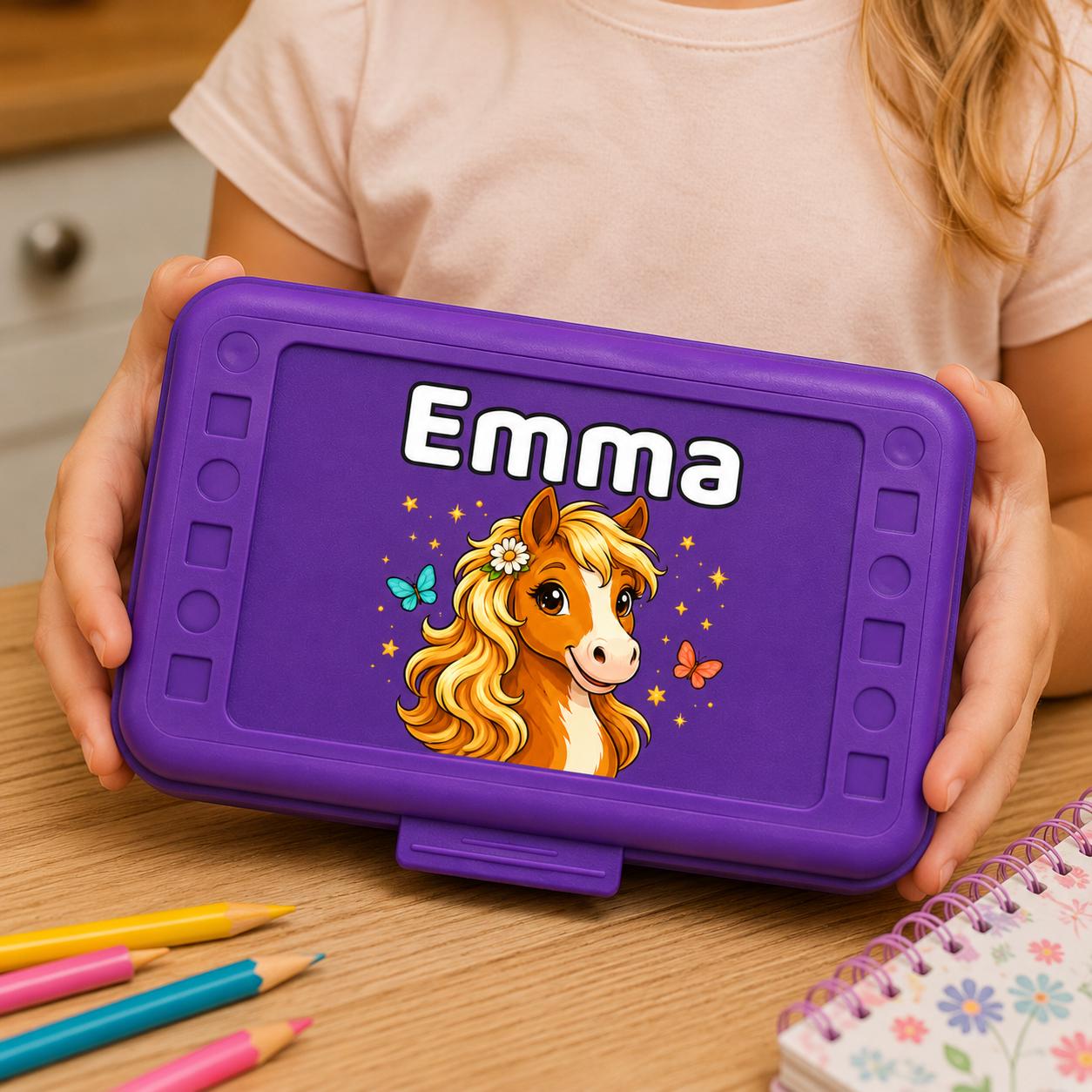 Personalized Horse Pencil Box, Custom Name Purple School Box for Girls, Pony Back to School Gift, Horse Lover Kids Gift, UV Printed Design