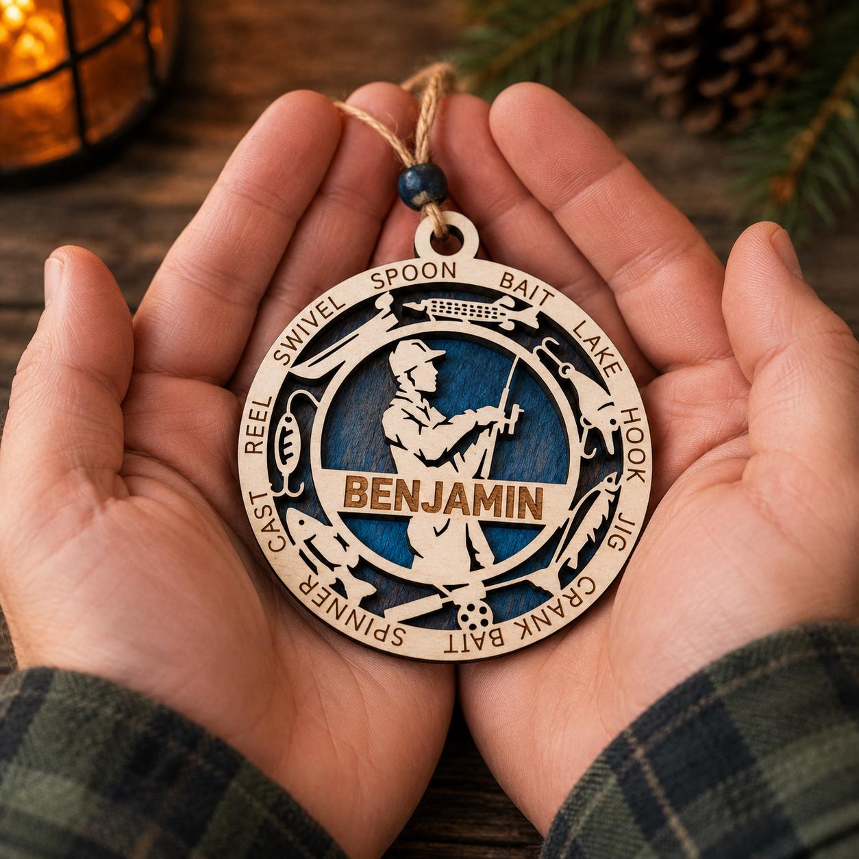 Personalized Fisherman Ornament — Custom Fishing Christmas Ornament — Laser Engraved Gift for Dad