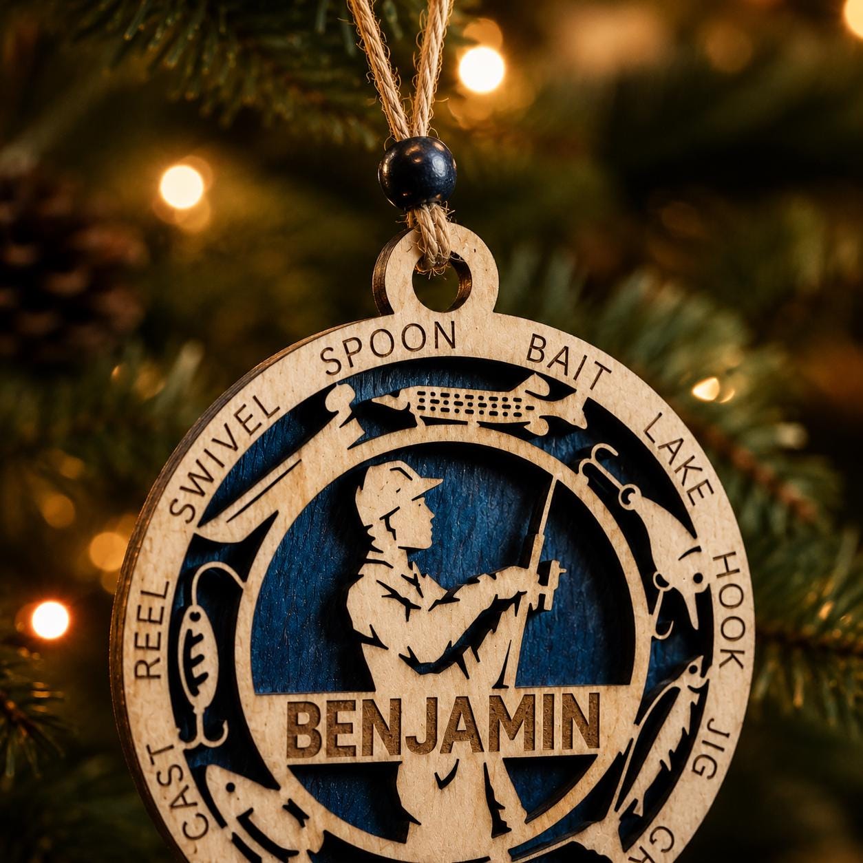 Personalized Fisherman Ornament — Custom Fishing Christmas Ornament — Laser Engraved Gift for Dad
