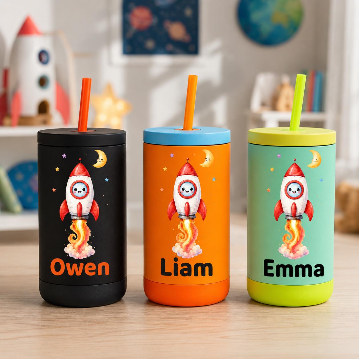 Rocket Water Bottle for Boys, Space Kids Tumbler with Name, Back to School Cup, Personalized Toddler Gift, Kindergarten Cup