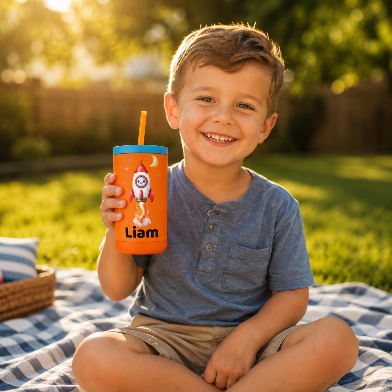 Rocket Water Bottle for Boys, Space Kids Tumbler with Name, Back to School Cup, Personalized Toddler Gift, Kindergarten Cup