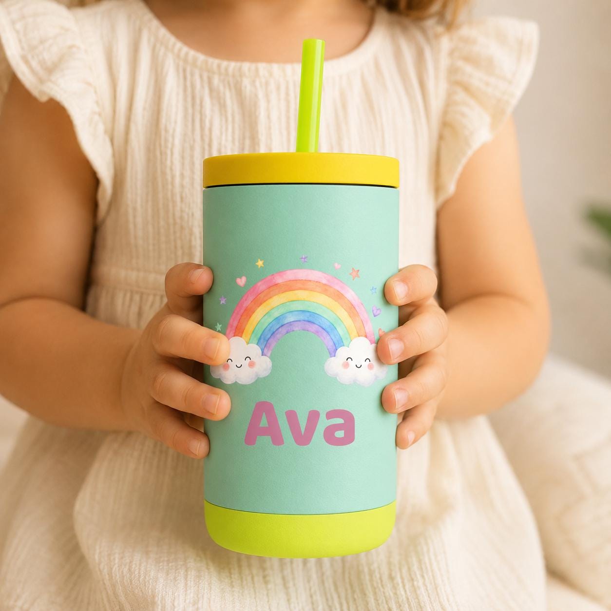 Rainbow Water Bottle for Girls, Kids Tumbler with Name, Back to School Cup, Personalized Toddler Girl Gift, Kindergarten Cup