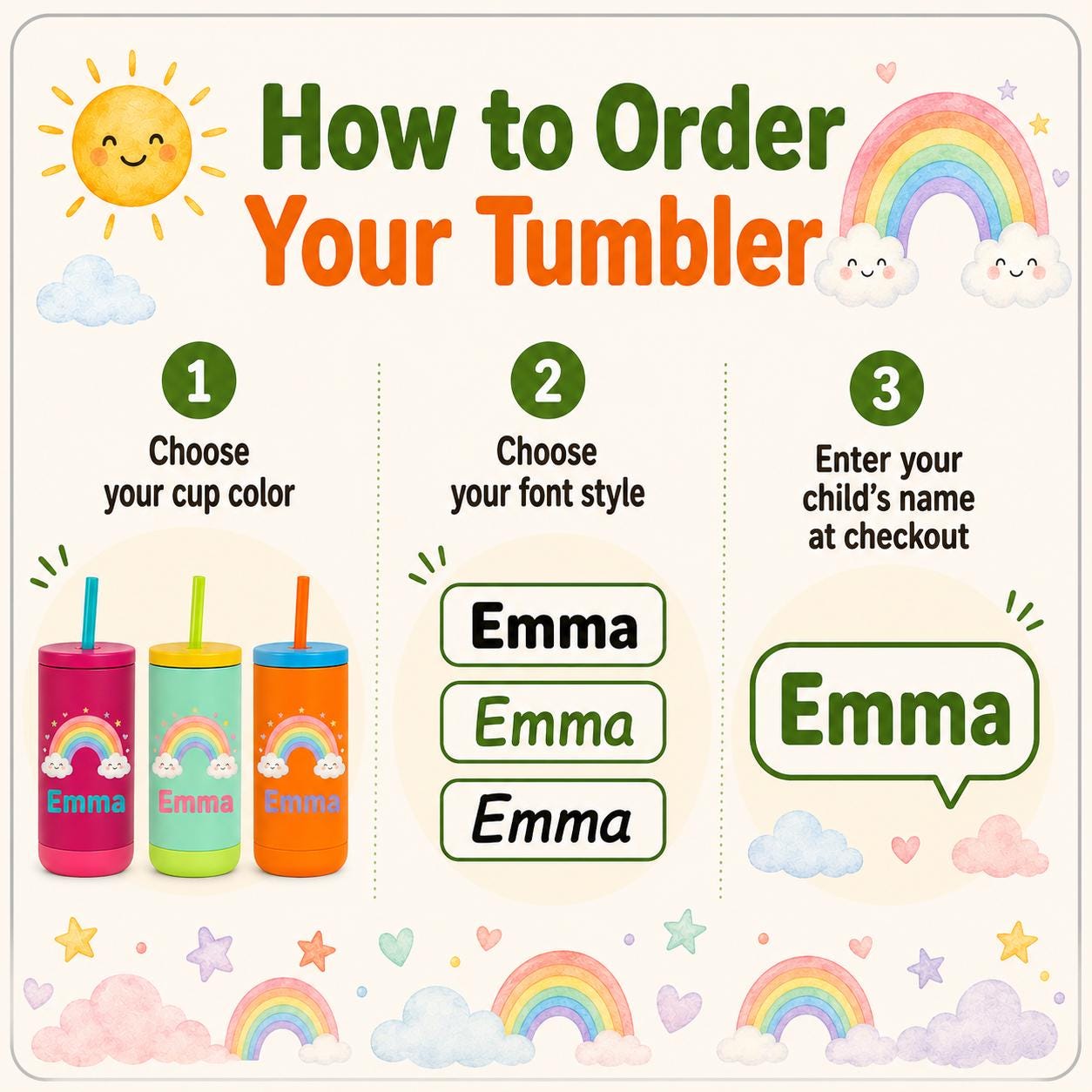 Rainbow Water Bottle for Girls, Kids Tumbler with Name, Back to School Cup, Personalized Toddler Girl Gift, Kindergarten Cup