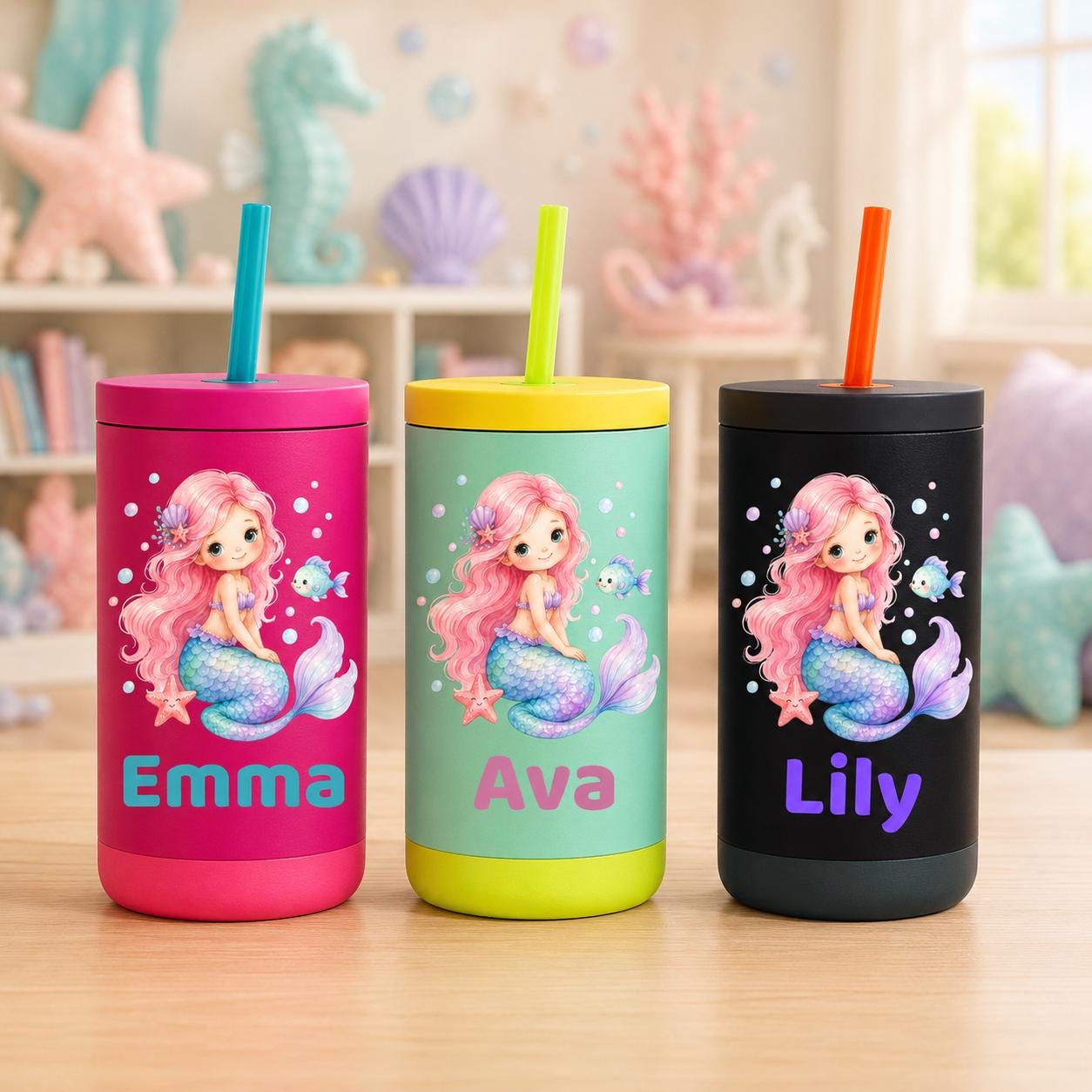 Mermaid Water Bottle for Girls, Kids Tumbler with Name, Back to School Cup, Personalized Toddler Girl Gift, Kindergarten Cup