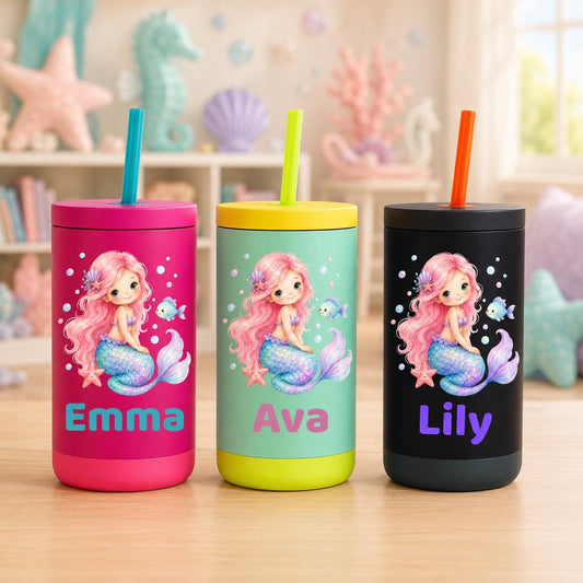 Mermaid Water Bottle for Girls, Kids Tumbler with Name, Back to School Cup, Personalized Toddler Girl Gift, Kindergarten Cup