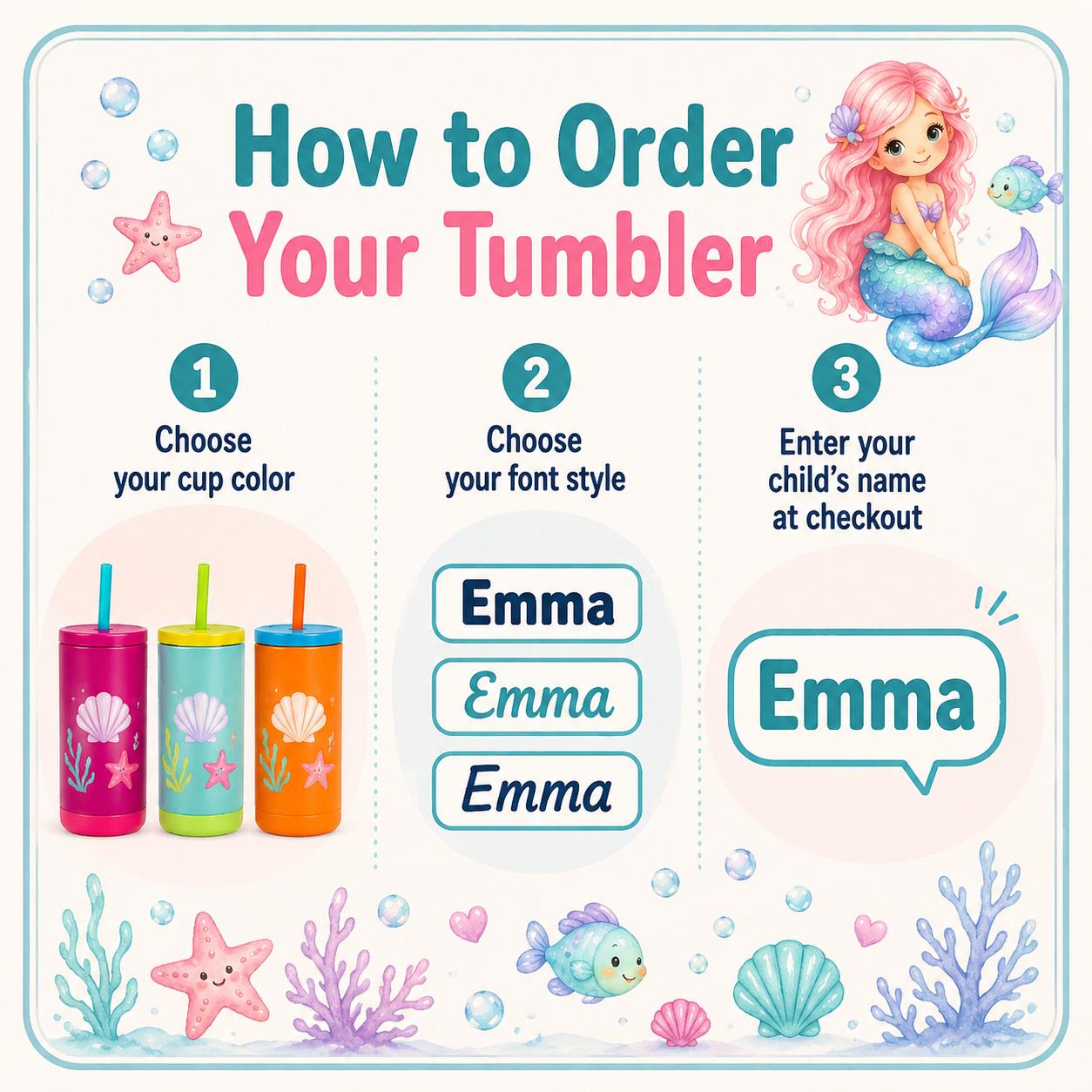 Mermaid Water Bottle for Girls, Kids Tumbler with Name, Back to School Cup, Personalized Toddler Girl Gift, Kindergarten Cup