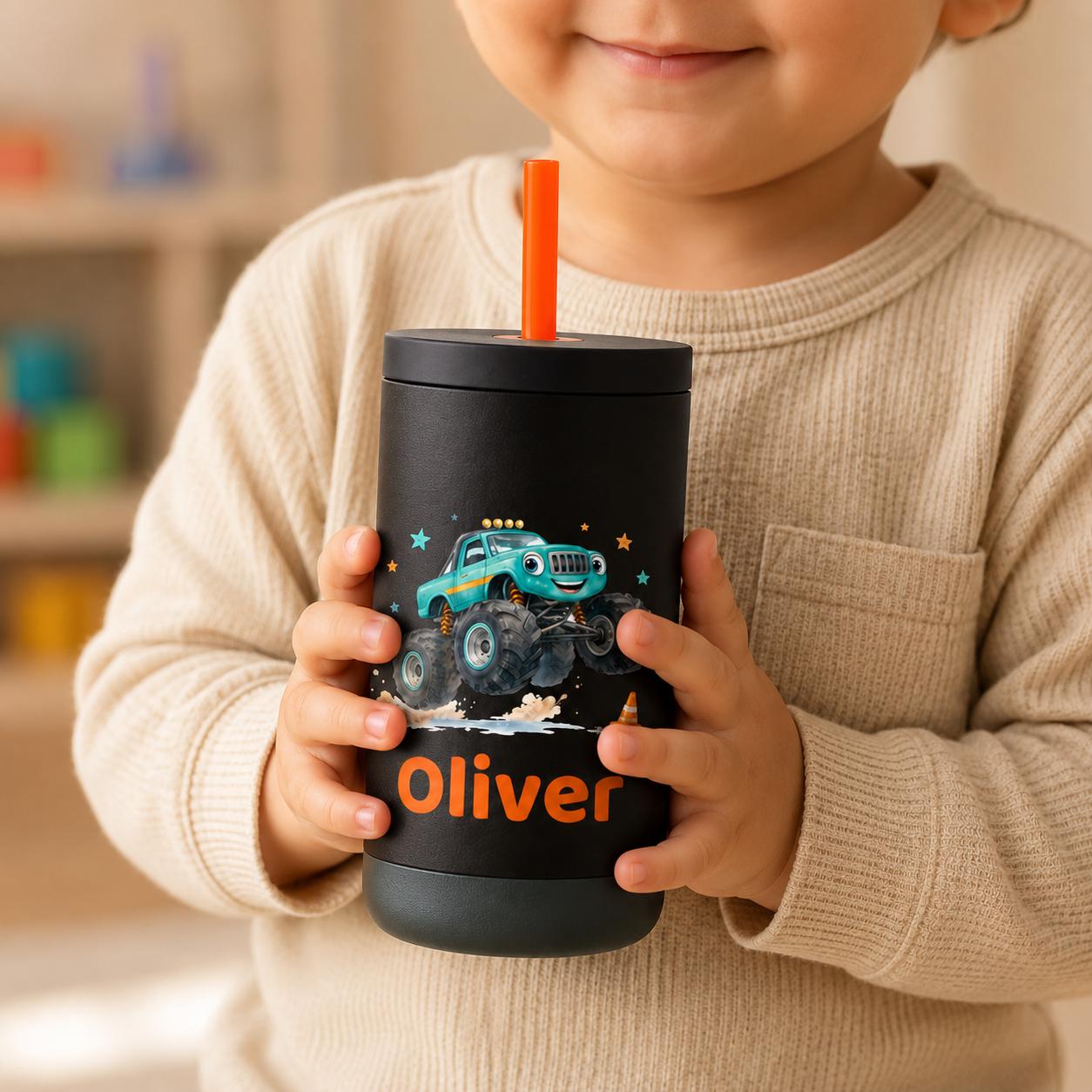 Big Truck Water Bottle for Boys, Kids Tumbler with Name, Back to School Cup, Personalized Toddler Boy Gift, Kindergarten Cup