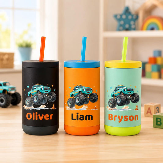 Big Truck Water Bottle for Boys, Kids Tumbler with Name, Back to School Cup, Personalized Toddler Boy Gift, Kindergarten Cup