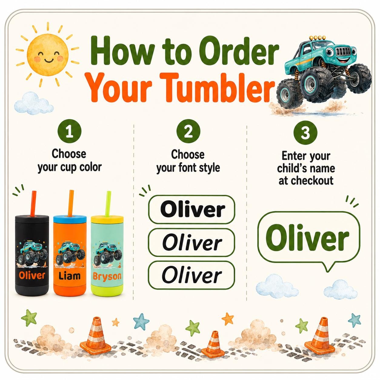 Big Truck Water Bottle for Boys, Kids Tumbler with Name, Back to School Cup, Personalized Toddler Boy Gift, Kindergarten Cup