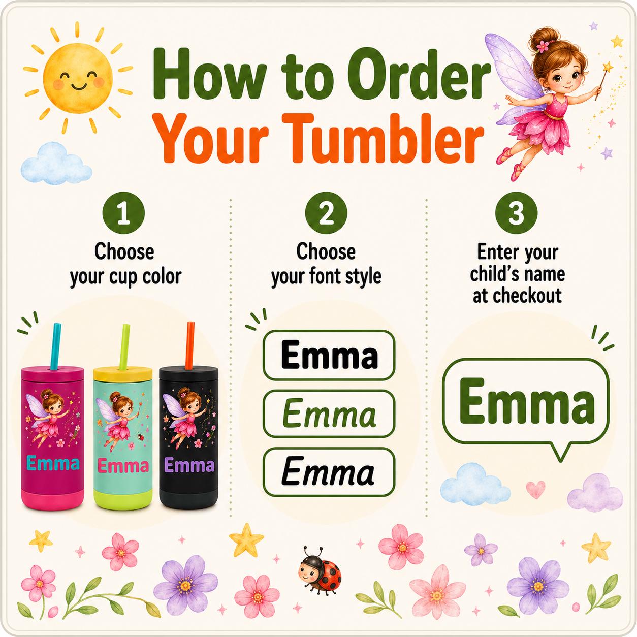 Fairy Water Bottle for Girls, Kids Tumbler with Name, Back to School Cup, Personalized Toddler Girl Gift, Kindergarten Cup