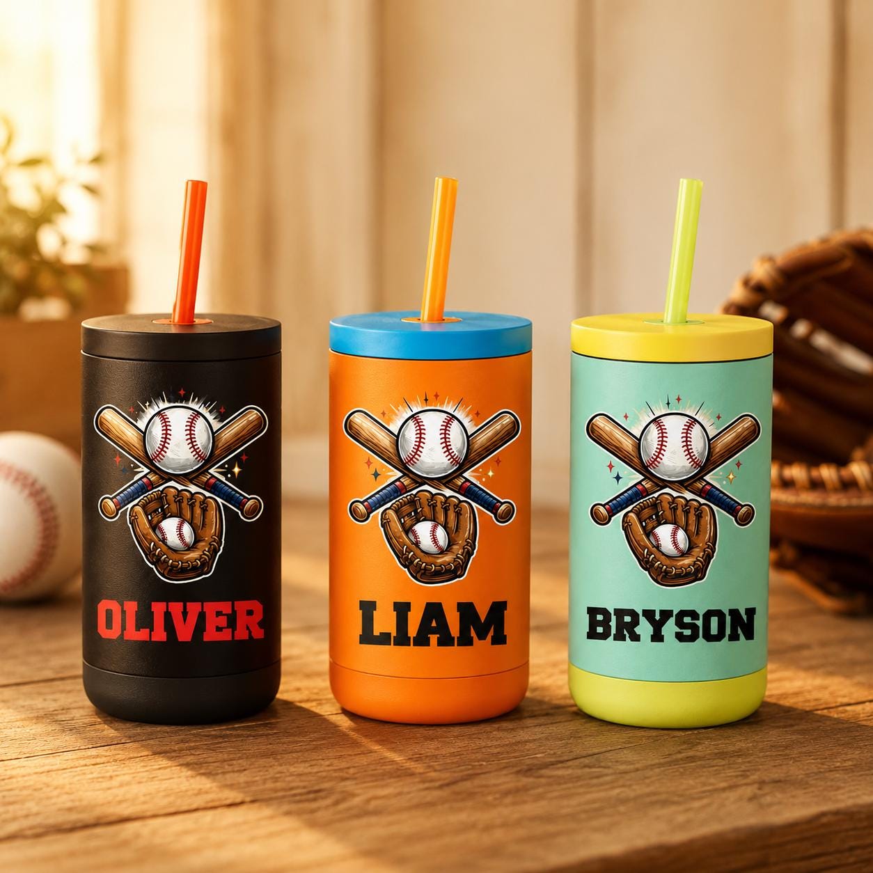 Personalized Baseball Tumbler for Kids | Custom Name Kids Cup with Straw | Toddler Sports Water Bottle | Boys Girls Gift | Back to School