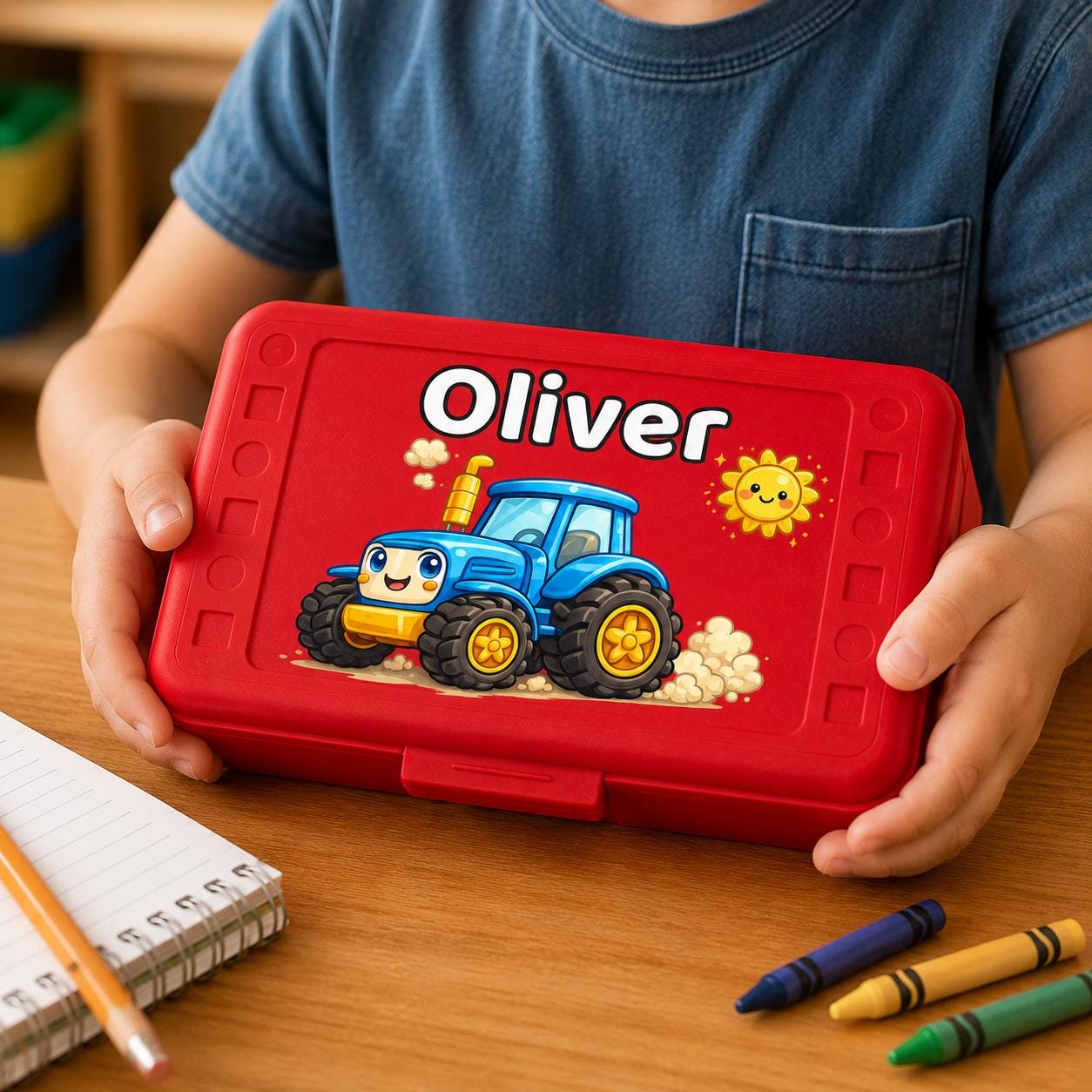 Red Tractor Pencil Box Personalized, Custom Name School Box for Boys, Farm Toddler Gift, Preschool Supply Case, Blue Tractor UV Printed