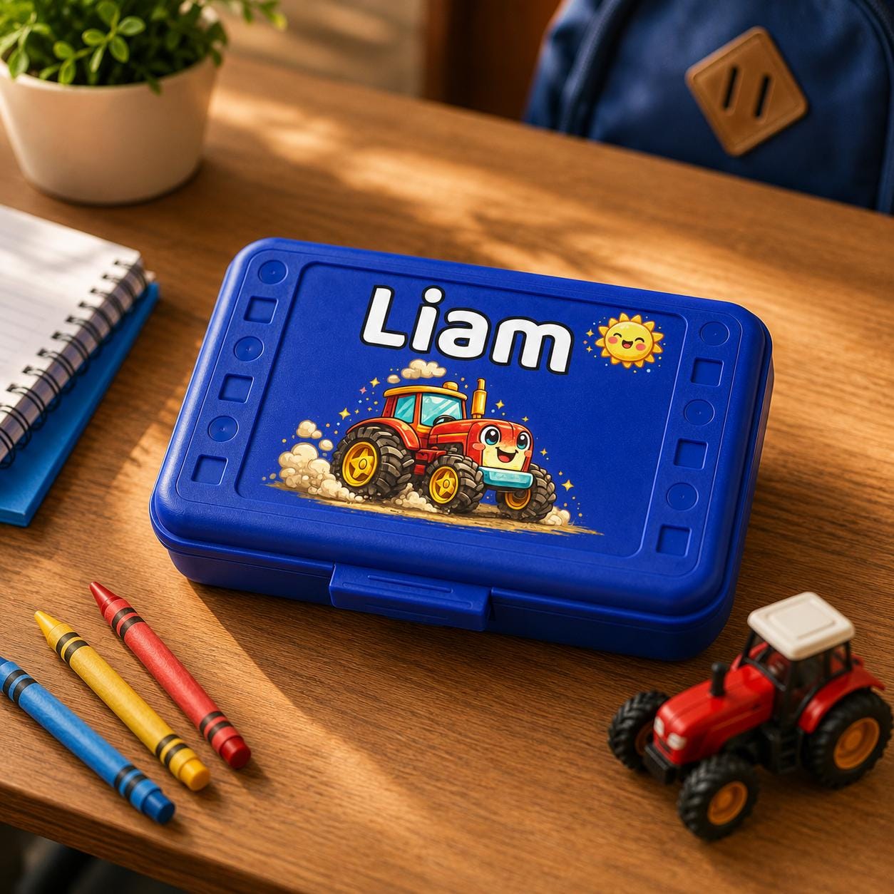 Blue Pencil Box with Tractor, Personalized Name School Supply Box, Elementary Boy Christmas Gift, Farm Kids Crayon Case, UV Printed Design