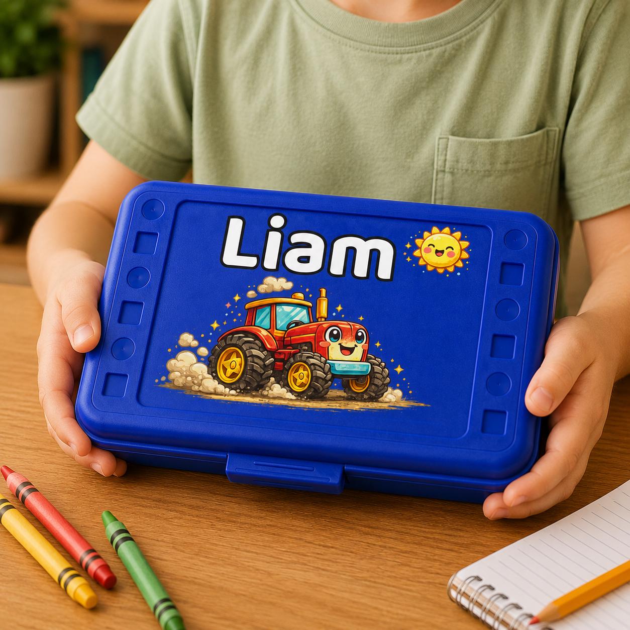 Blue Pencil Box with Tractor, Personalized Name School Supply Box, Elementary Boy Christmas Gift, Farm Kids Crayon Case, UV Printed Design