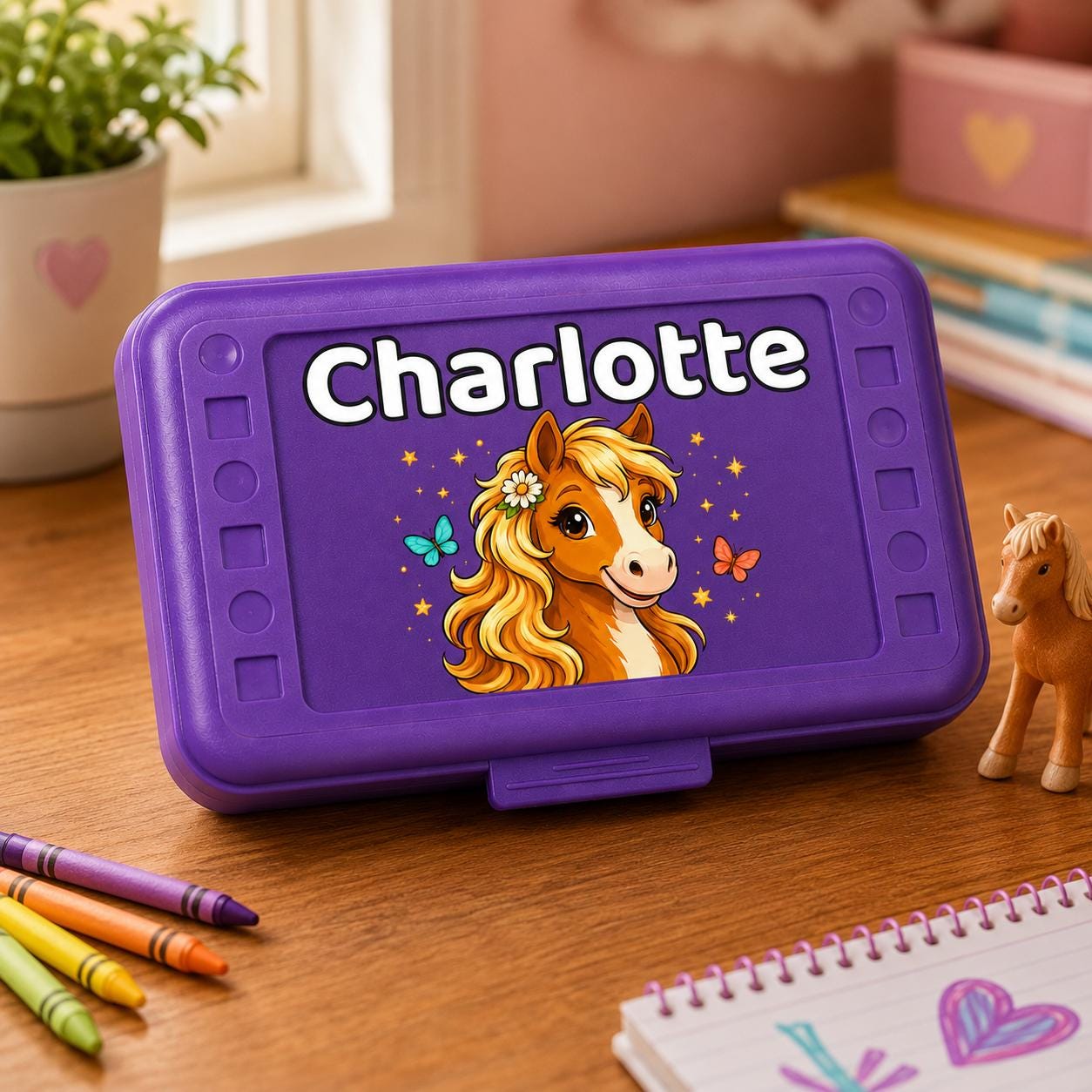 Personalized Horse Pencil Box, Custom Name Purple School Box for Girls, Pony Back to School Gift, Horse Lover Kids Gift, UV Printed Design