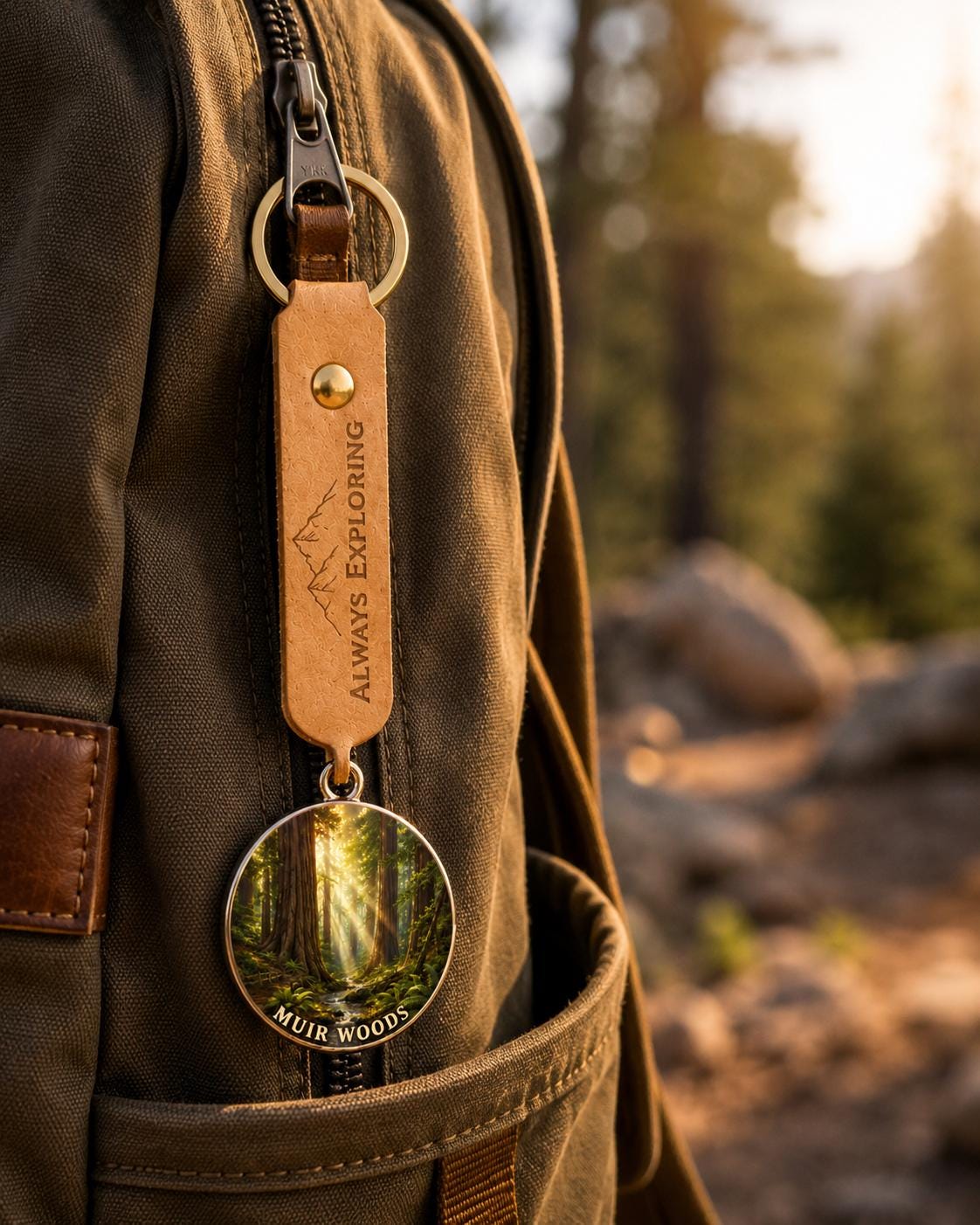 Muir Woods Keychain, National Monument Charm Keychain, Personalized Engraved Gift, California Redwood Souvenir, Adventure Gift