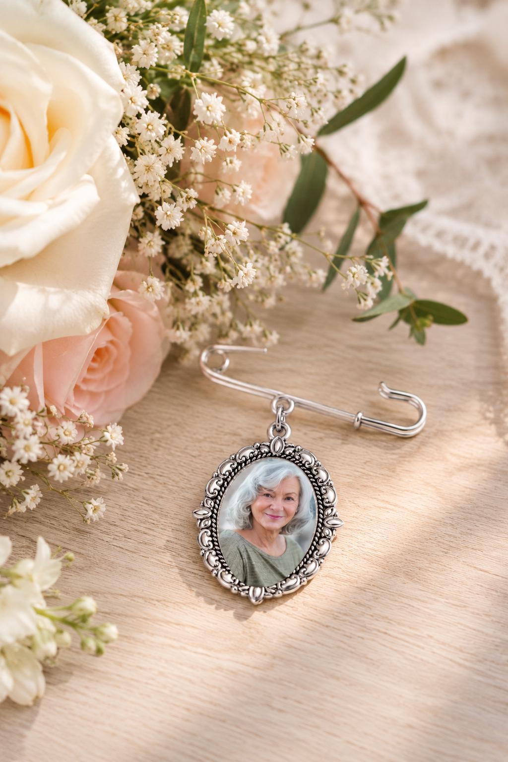 In Memory of Bouquet Charm | Memorial Wedding Photo Pin | Loss of Loved One Bridal Gift