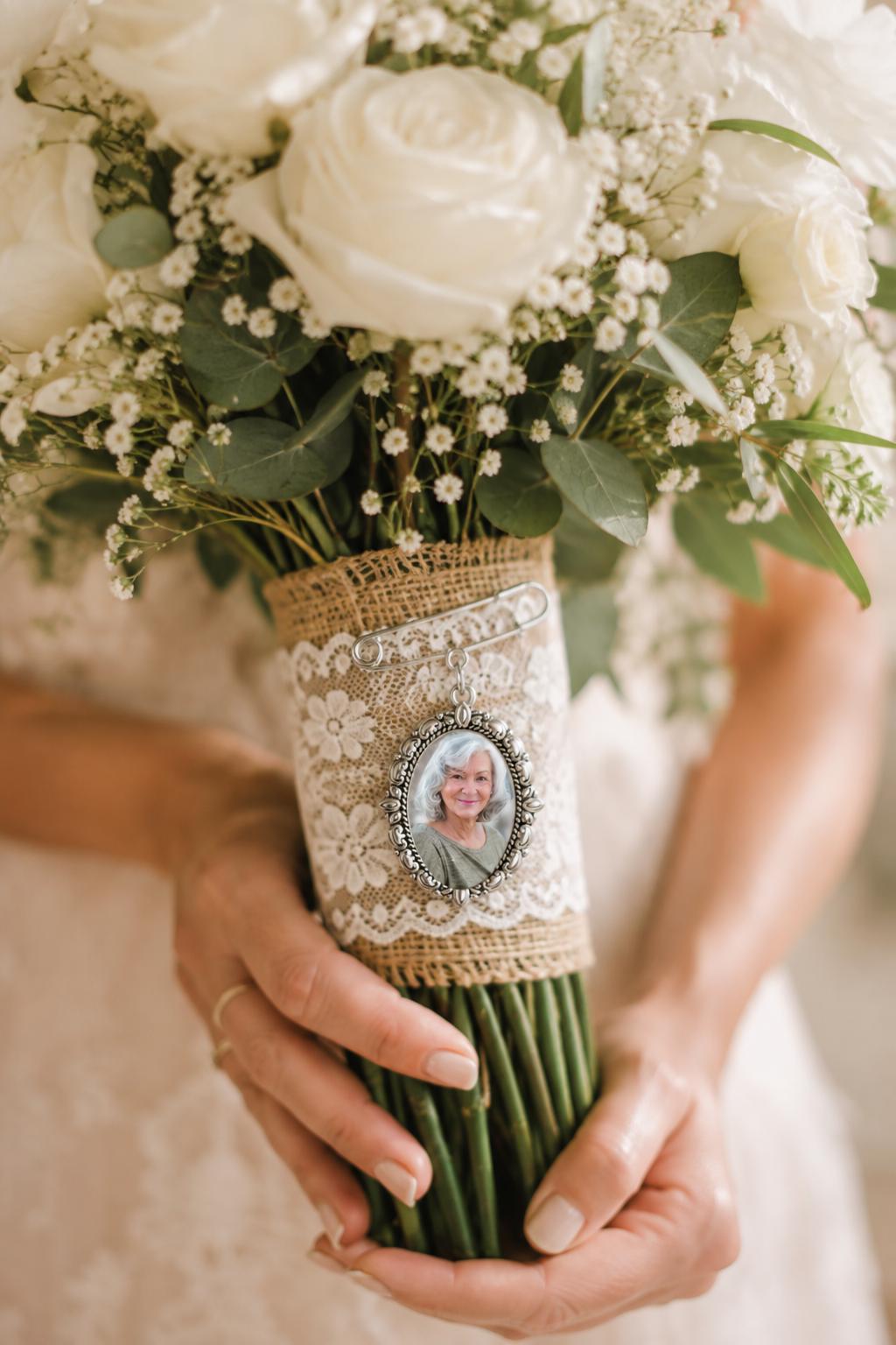 In Memory of Bouquet Charm | Memorial Wedding Photo Pin | Loss of Loved One Bridal Gift