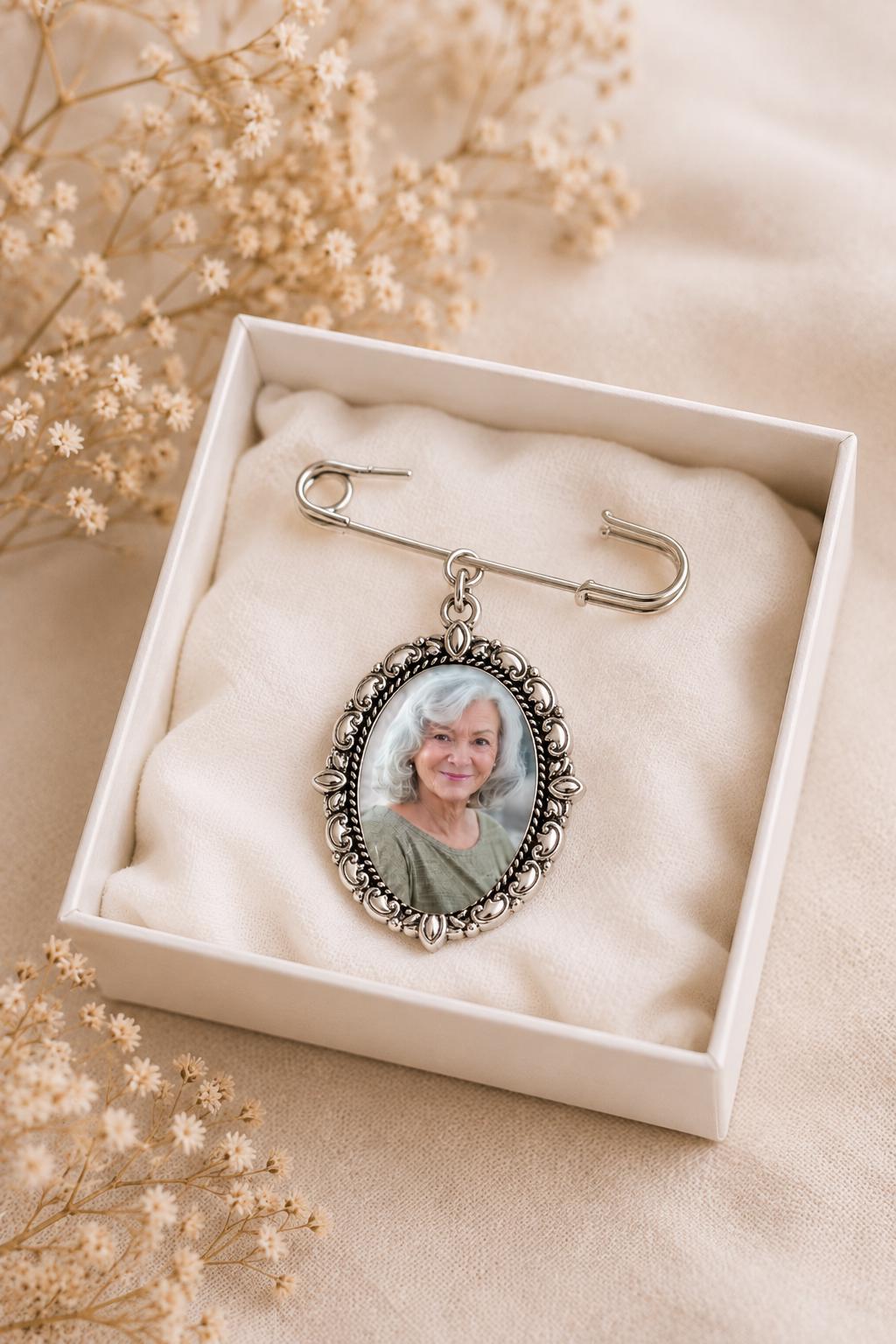 In Memory of Bouquet Charm | Memorial Wedding Photo Pin | Loss of Loved One Bridal Gift