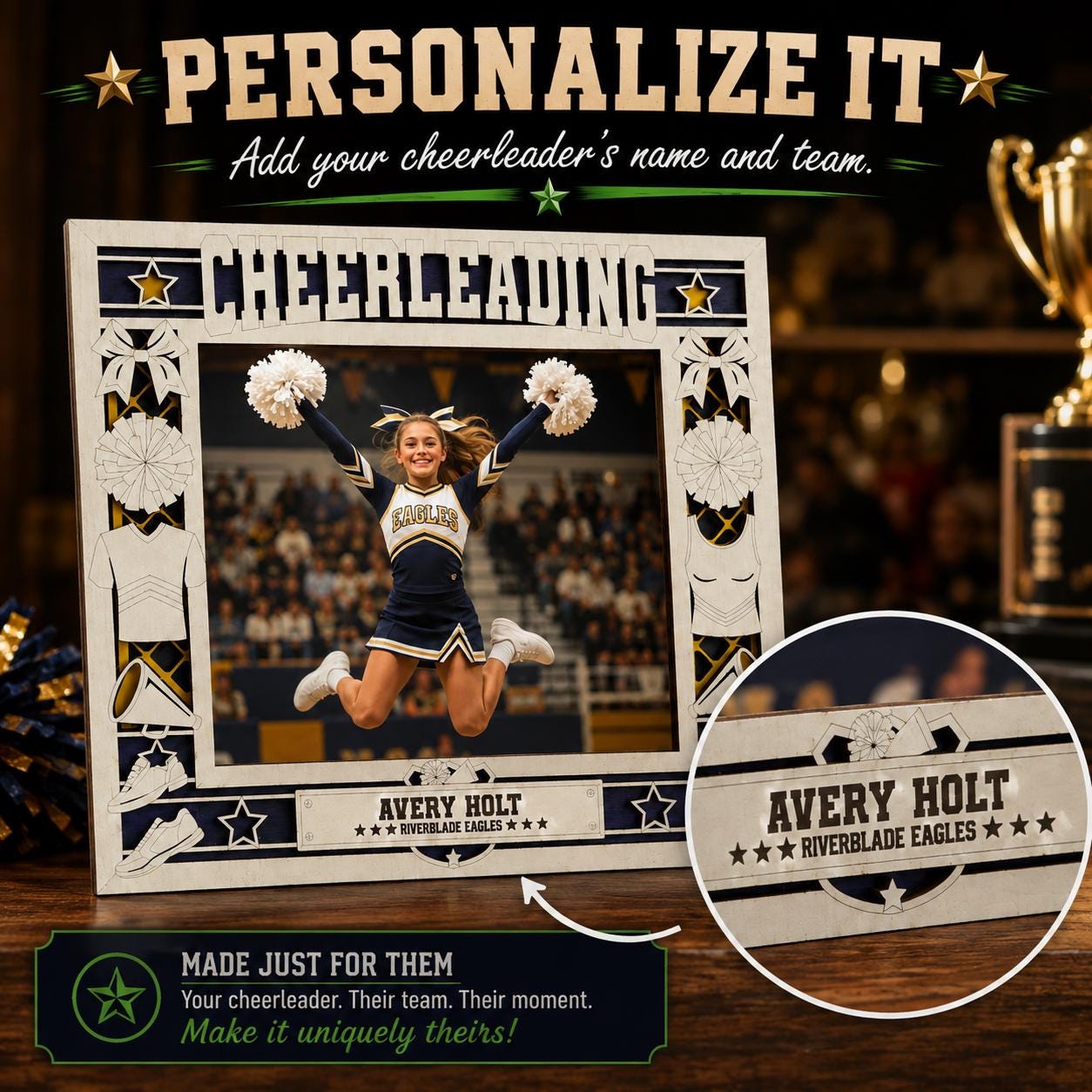 Personalized Cheerleading Picture Frame, Custom Wood Cheer Gift, Cheerleader Frame, Cheer Coach Gift, Cheer Team Gift, Senior Night Gift