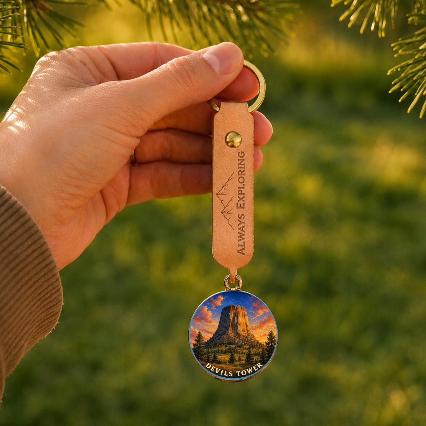 Devils Tower Keychain, National Monument Charm Keychain, Personalized Engraved Gift, Wyoming Souvenir, Adventure Travel Gift