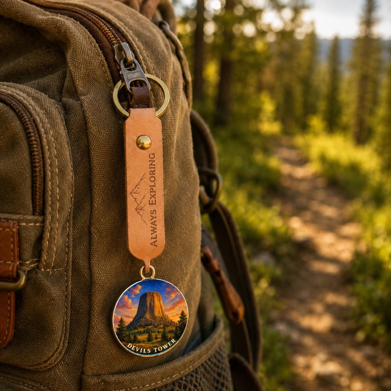Devils Tower Keychain, National Monument Charm Keychain, Personalized Engraved Gift, Wyoming Souvenir, Adventure Travel Gift
