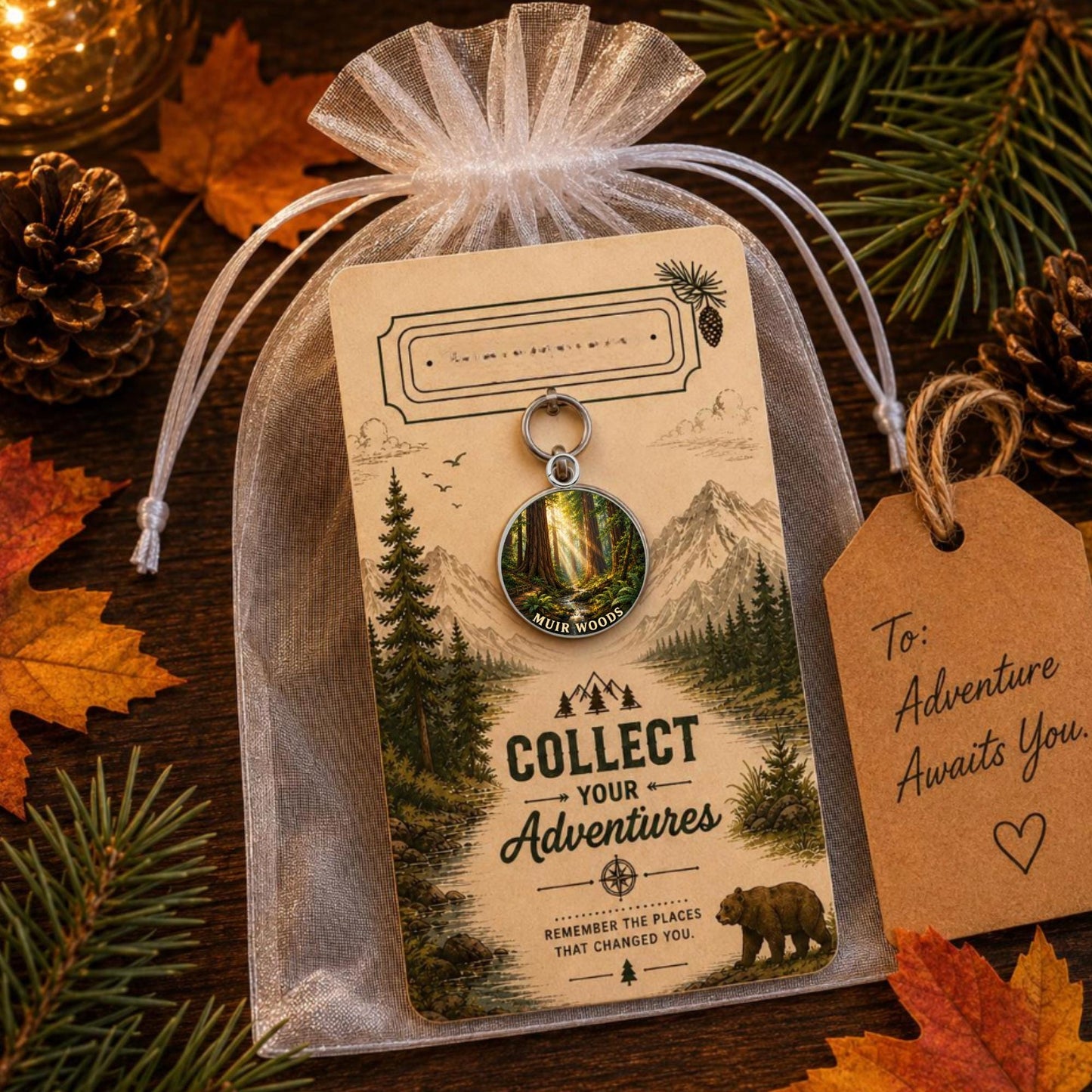 Muir Woods Keychain, National Monument Charm Keychain, Personalized Engraved Gift, California Redwood Souvenir, Adventure Gift