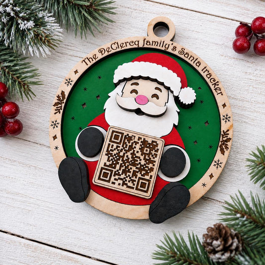 Personalized Santa Tracker Ornament, Family Name Christmas Ornament, Santa QR Code, Kids Christmas Eve Tradition, Wood Christmas Ornament