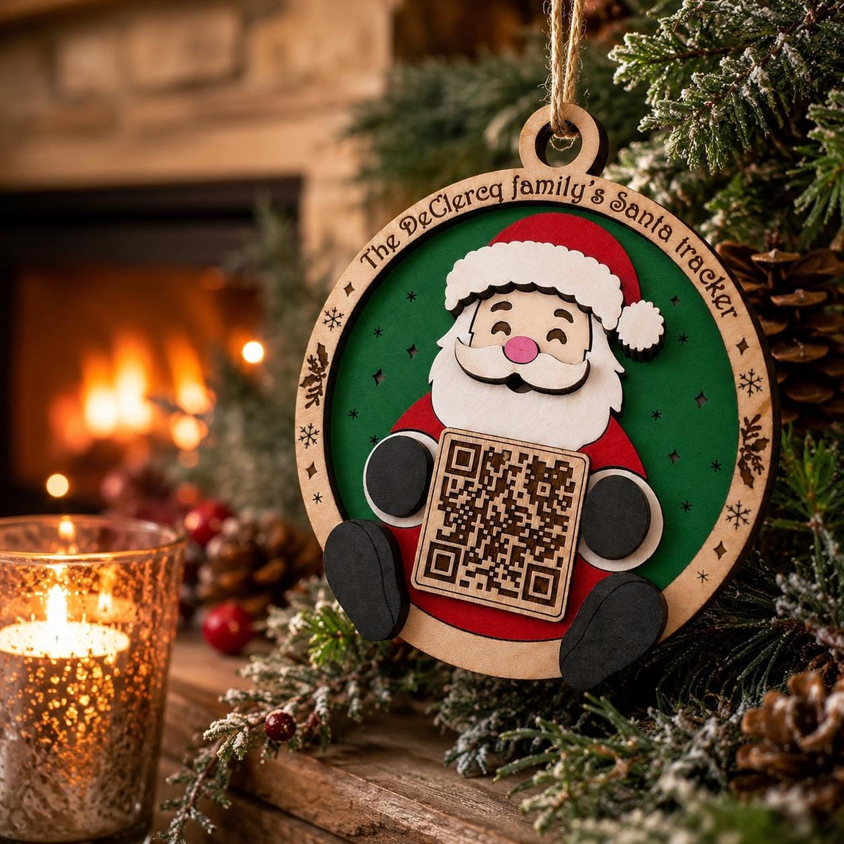 Personalized Santa Tracker Ornament, Family Name Christmas Ornament, Santa QR Code, Kids Christmas Eve Tradition, Wood Christmas Ornament