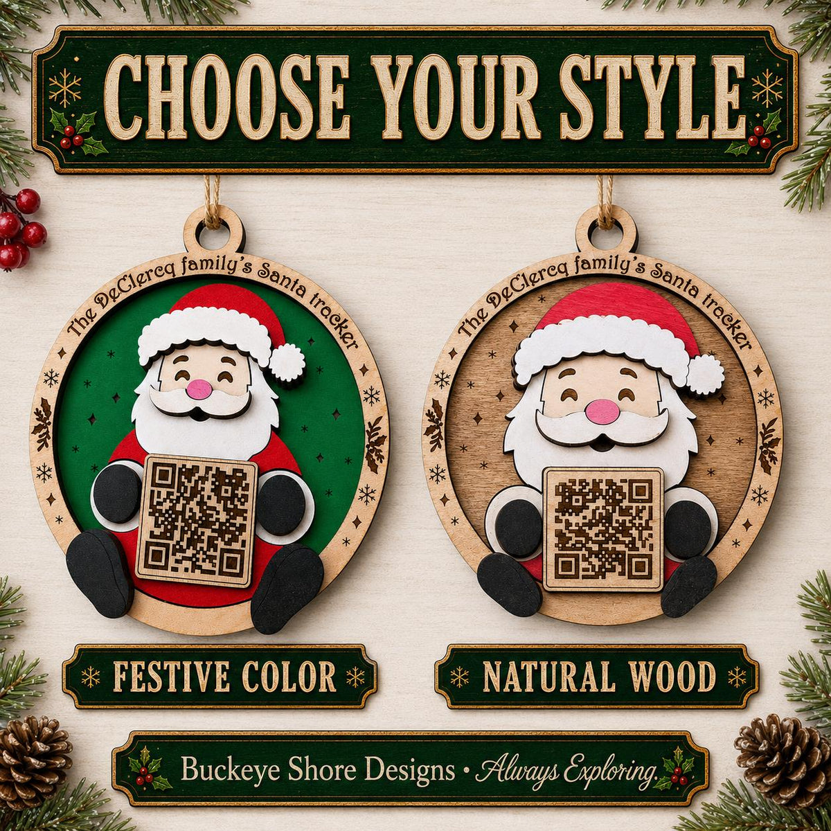 Personalized Santa Tracker Ornament, Family Name Christmas Ornament, Santa QR Code, Kids Christmas Eve Tradition, Wood Christmas Ornament