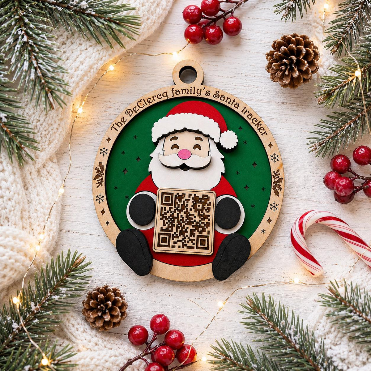 Personalized Santa Tracker Ornament, Family Name Christmas Ornament, Santa QR Code, Kids Christmas Eve Tradition, Wood Christmas Ornament
