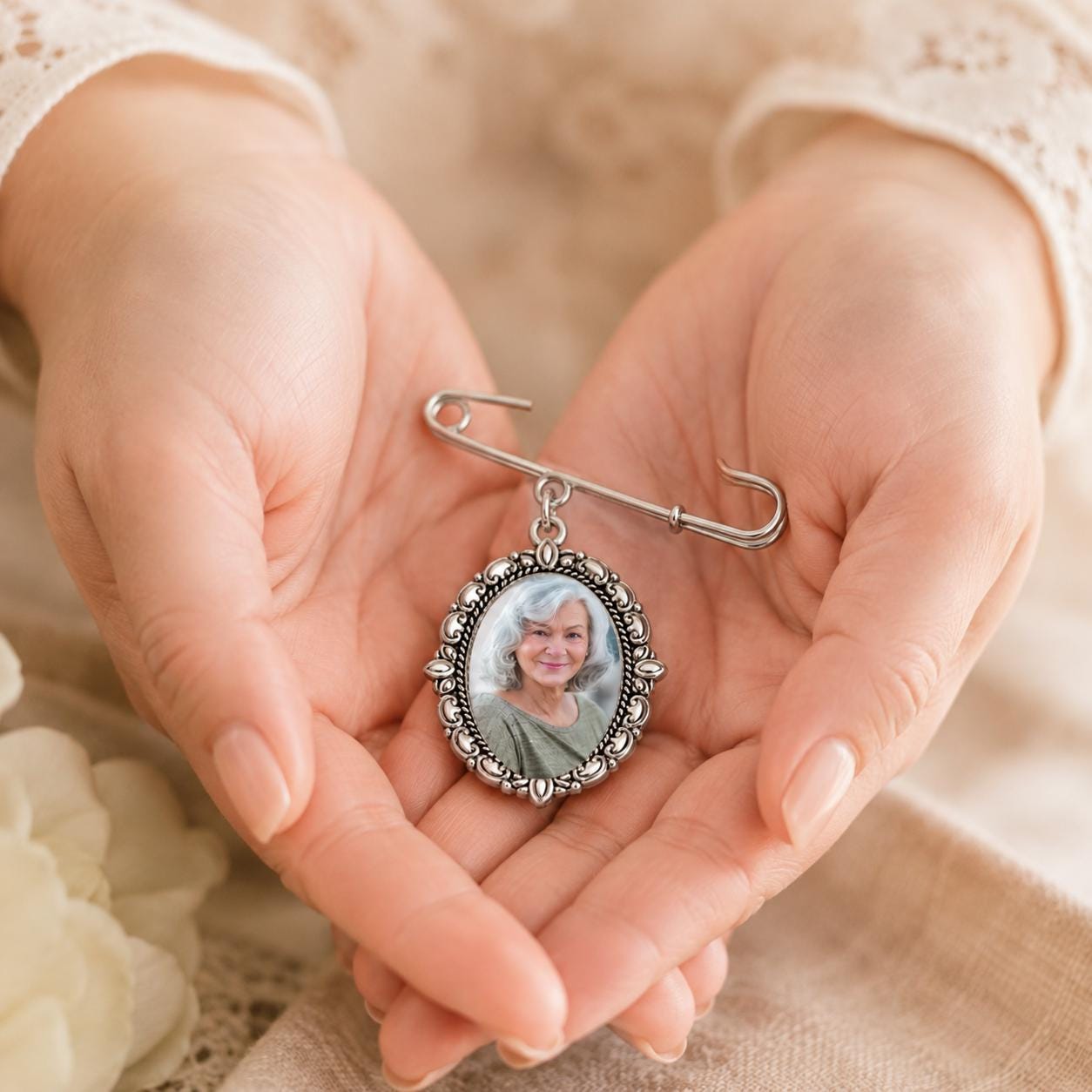 In Memory of Bouquet Charm | Memorial Wedding Photo Pin | Loss of Loved One Bridal Gift