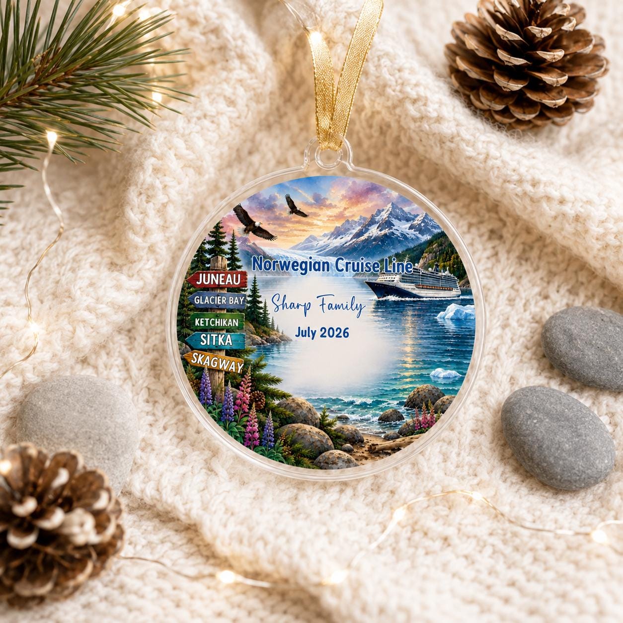 Personalized Alaska Cruise Ornament, Custom Alaskan Cruise Ship Christmas Ornament, Glacier Bay Keepsake, Family Cruise Gift, Ports & Names