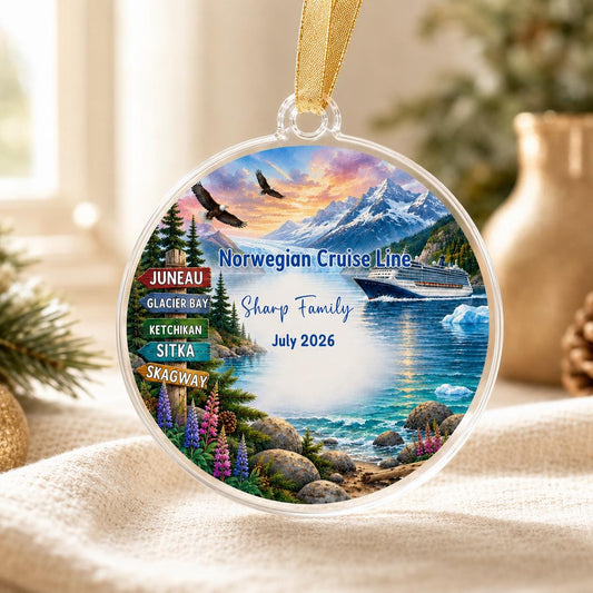 Personalized Alaska Cruise Ornament, Custom Alaskan Cruise Ship Christmas Ornament, Glacier Bay Keepsake, Family Cruise Gift, Ports & Names