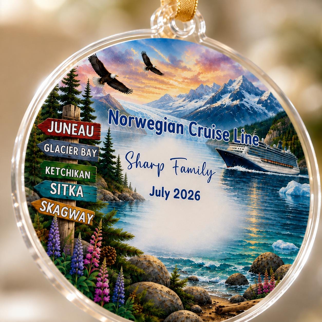 Personalized Alaska Cruise Ornament, Custom Alaskan Cruise Ship Christmas Ornament, Glacier Bay Keepsake, Family Cruise Gift, Ports & Names