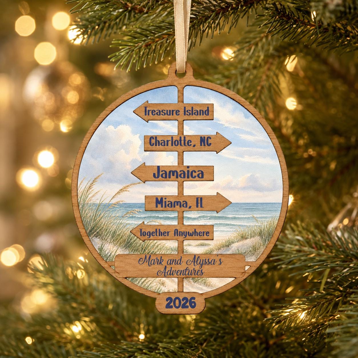 Personalized Beach Signpost Ornament, Coastal Vacation Keepsake, Beach Destination Christmas Ornament, Couple Travel Gift, Beach Lover