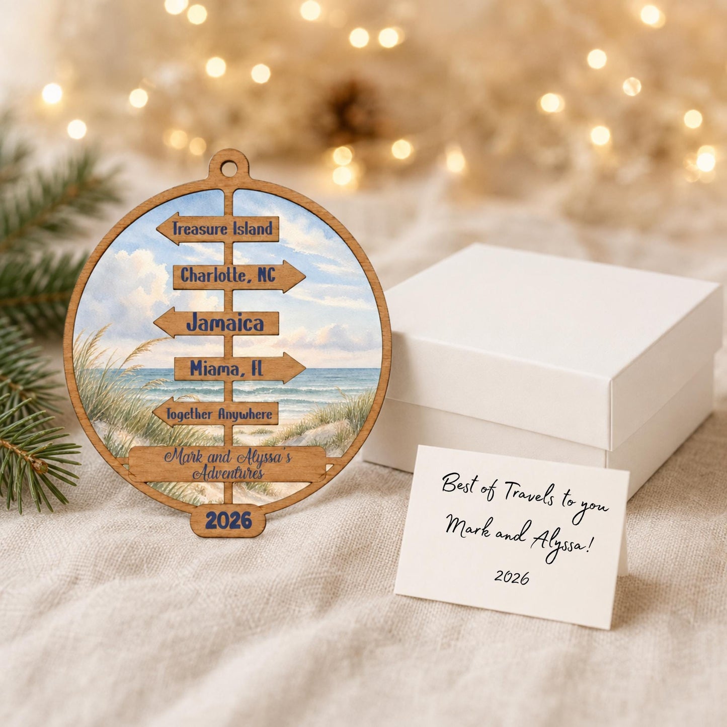 Personalized Beach Signpost Ornament, Coastal Vacation Keepsake, Beach Destination Christmas Ornament, Couple Travel Gift, Beach Lover