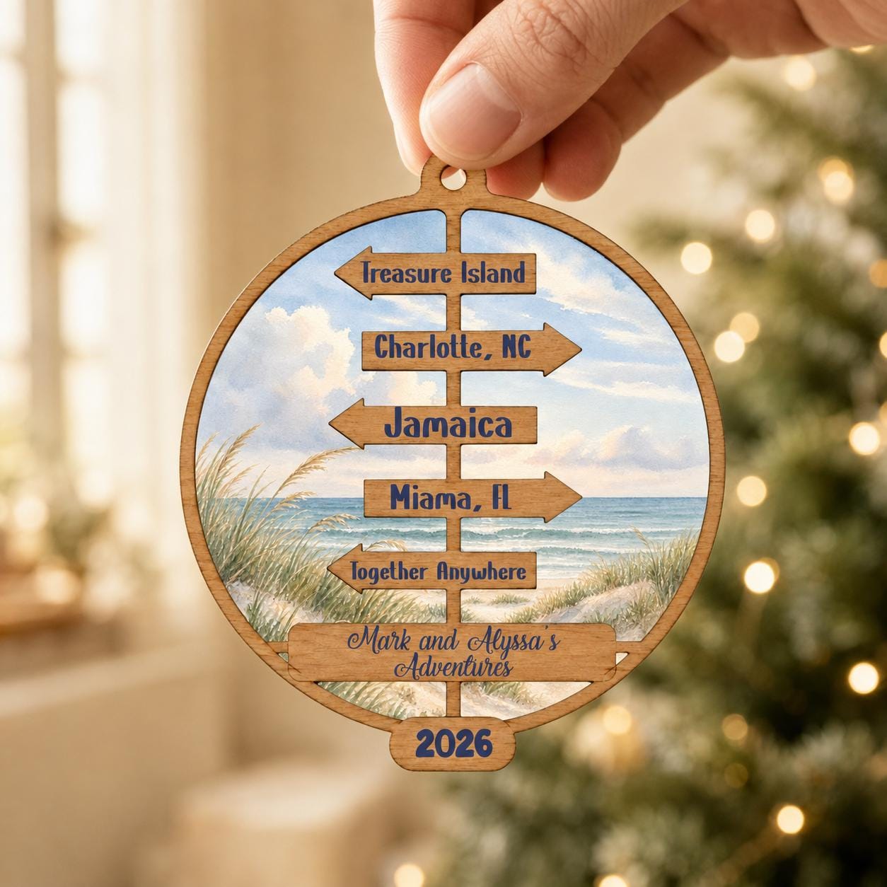 Personalized Beach Signpost Ornament, Coastal Vacation Keepsake, Beach Destination Christmas Ornament, Couple Travel Gift, Beach Lover