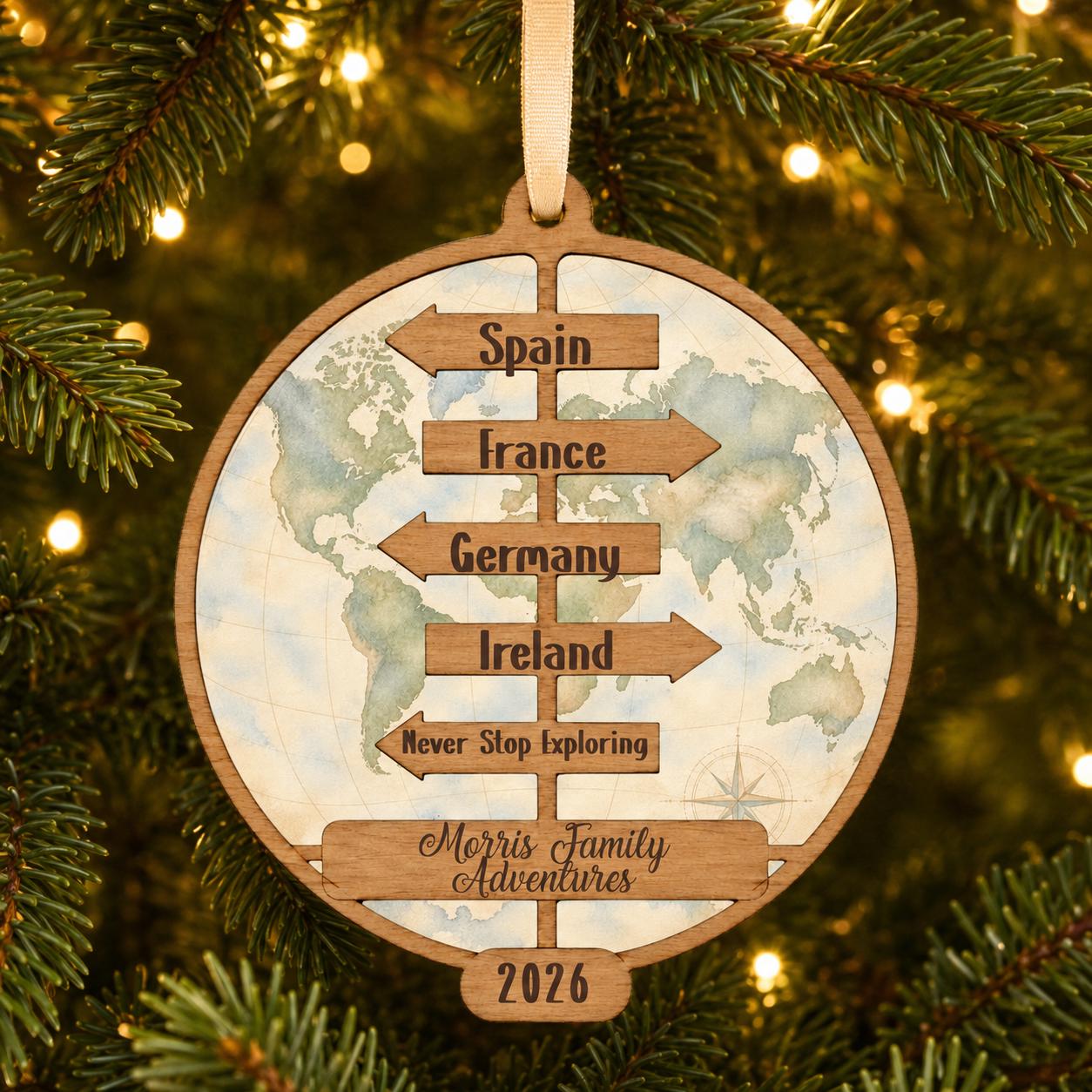Personalized Travel Adventure Ornament, Custom Destination Signpost Keepsake, Family Travel Christmas Ornament, Traveler Gift, Wander Gift