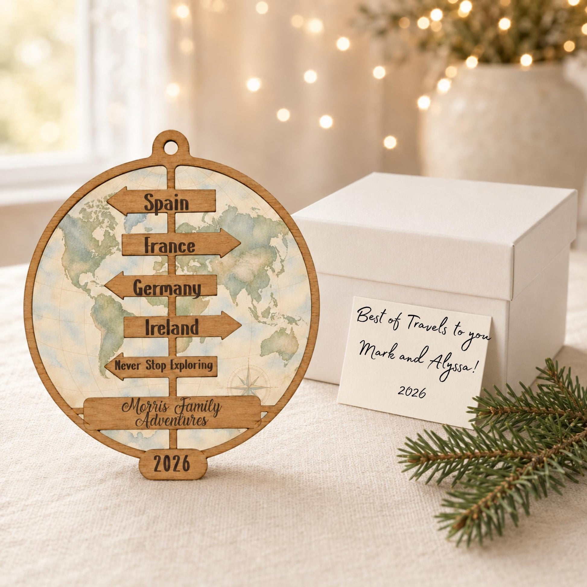 Personalized Travel Adventure Ornament, Custom Destination Signpost Keepsake, Family Travel Christmas Ornament, Traveler Gift, Wander Gift