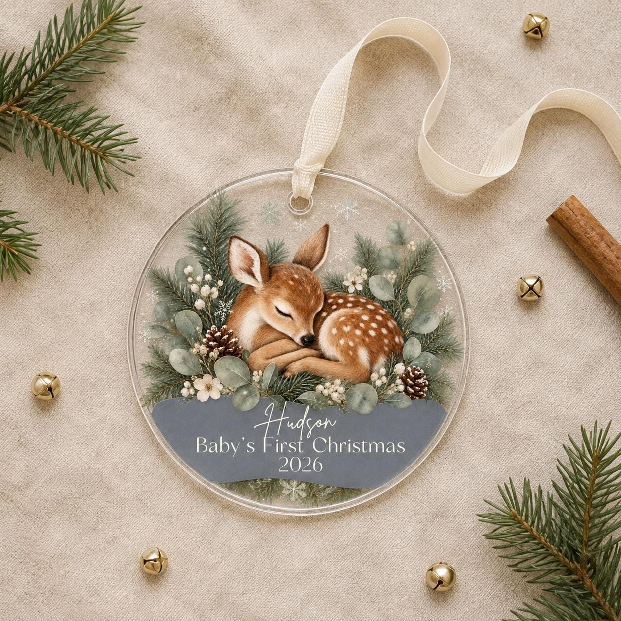 Baby's First Christmas Ornament 2026, Personalized Fawn Acrylic Ornament, Custom Name Woodland Deer Keepsake, New Baby Gift, Sage Nursery