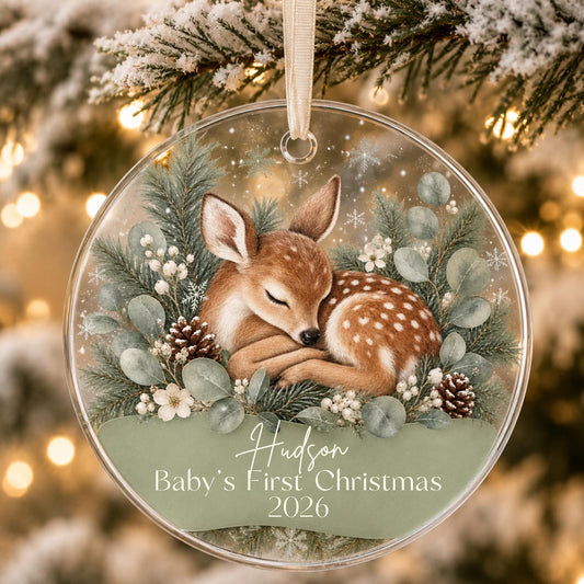 Baby's First Christmas Ornament 2026, Personalized Fawn Acrylic Ornament, Custom Name Woodland Deer Keepsake, New Baby Gift, Sage Nursery