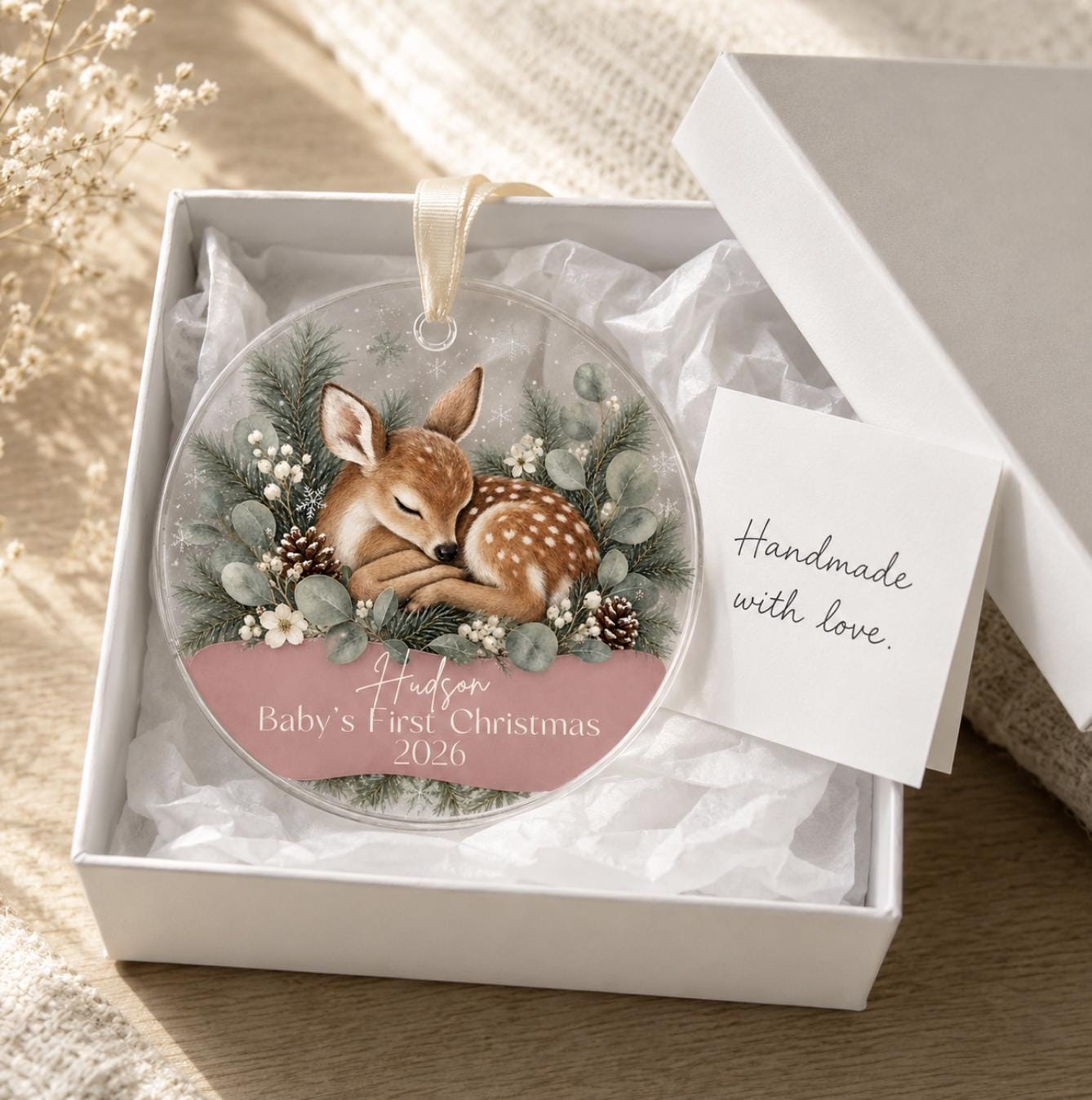 Baby's First Christmas Ornament 2026, Personalized Fawn Acrylic Ornament, Custom Name Woodland Deer Keepsake, New Baby Gift, Sage Nursery